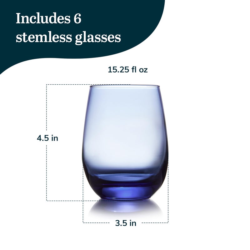 Libbey Classic Blue All-Purpose Stemless Wine Glasses, 15.25-ounce, Set of 6 - Image 3